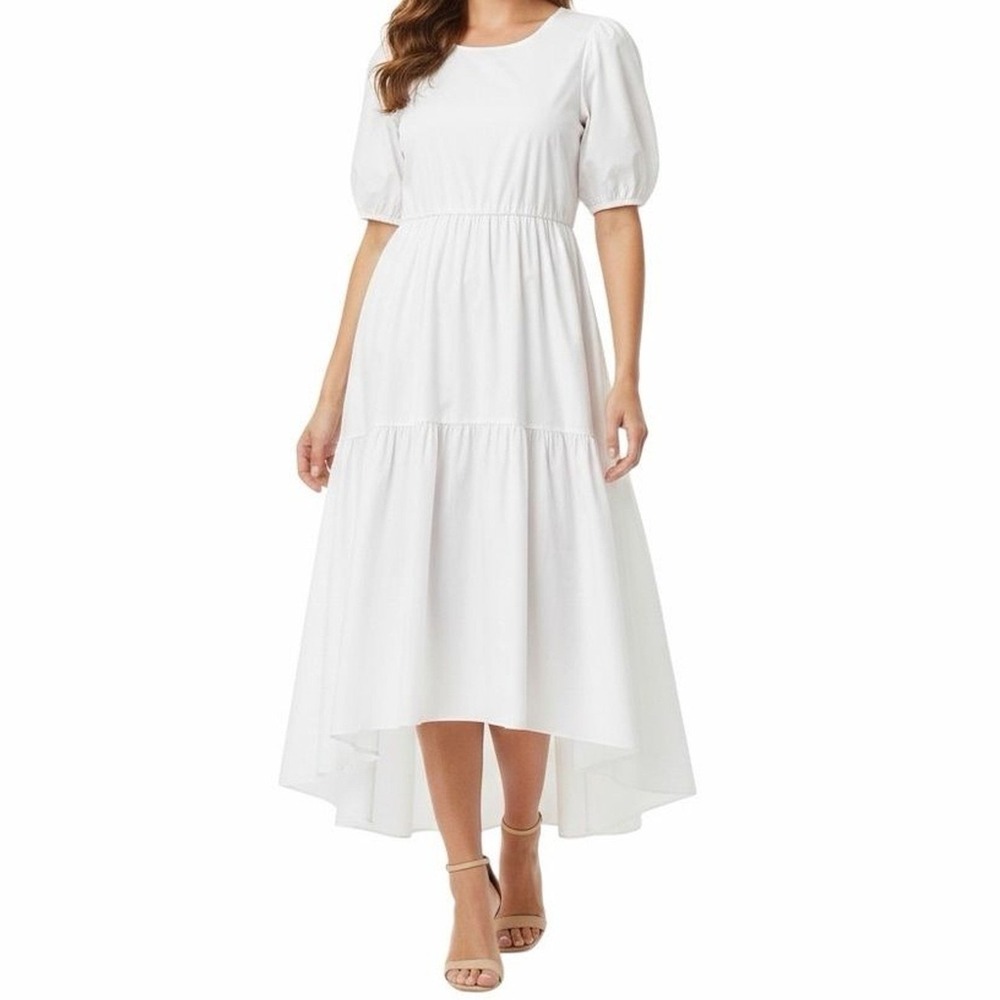 Code X Mode Womens‎ S White Puff Sleeve High Low Tiered Midi Dress Pockets